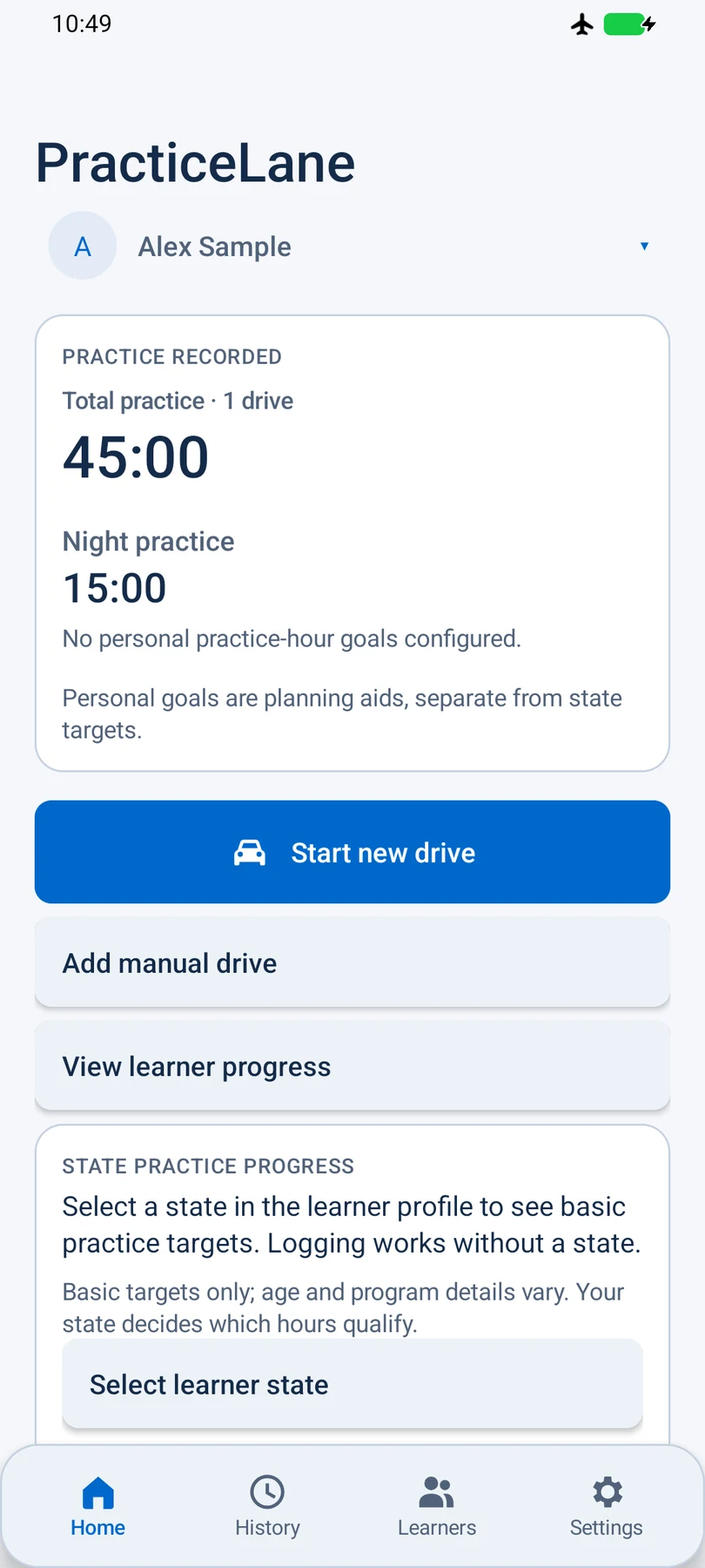PracticeLane Android home screen showing sample practice totals, Start new drive, manual entry, and learner progress.