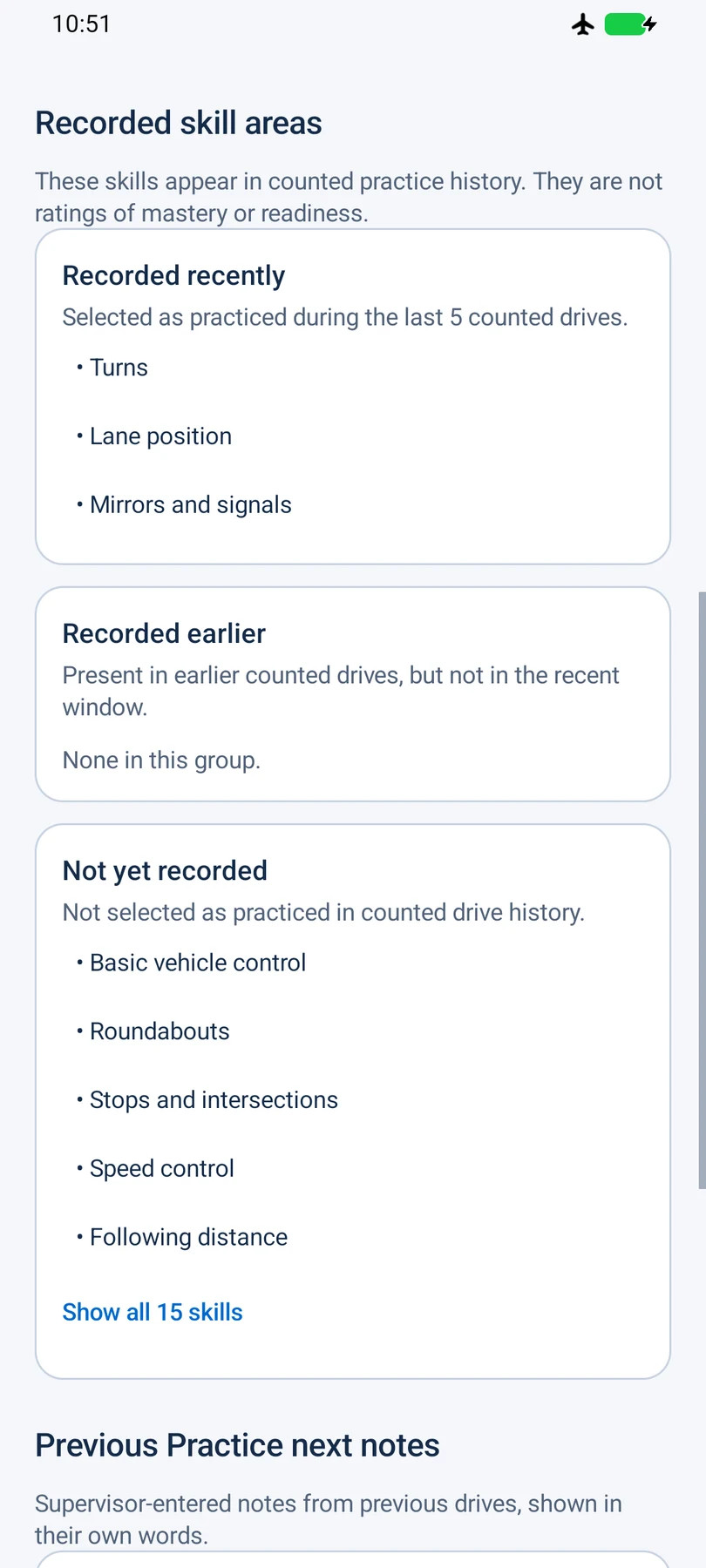 PracticeLane learner progress screen using sample data, showing skills recorded recently, earlier, and not yet.